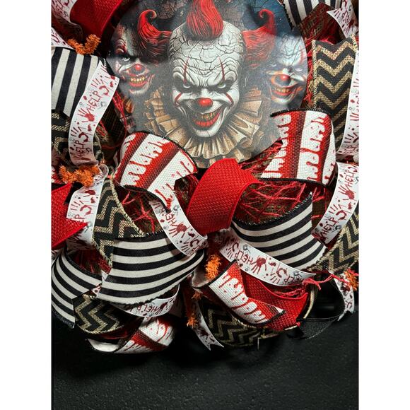 Halloween Wreath For Front Door Scary Clown Wreath Handmade 22 inch - Picture 7 of 8